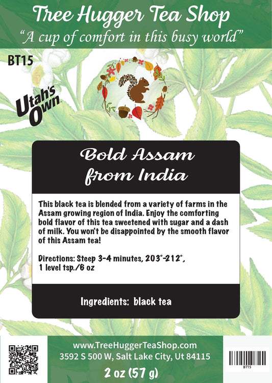 Tea package label for 'Bold Assam from India' by Utah's Own with green leaf background