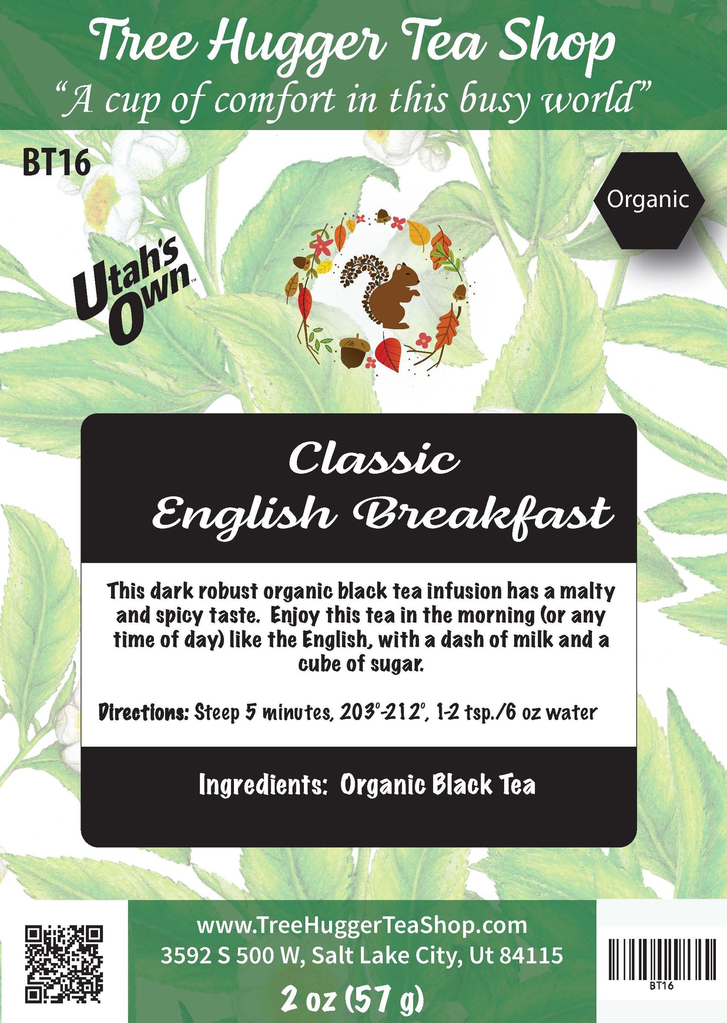 Tea package label for 'Classic English Breakfast' tea from Tree Hugger Tea Shop with branding and product details.