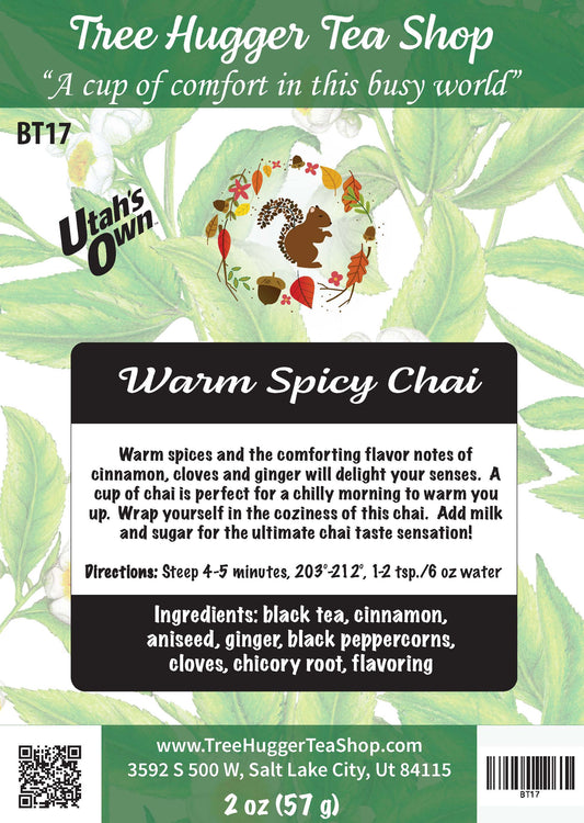 Tea label for 'Warm Spicy Chai' from Tree Hugger Tea Shop with branding and product details.