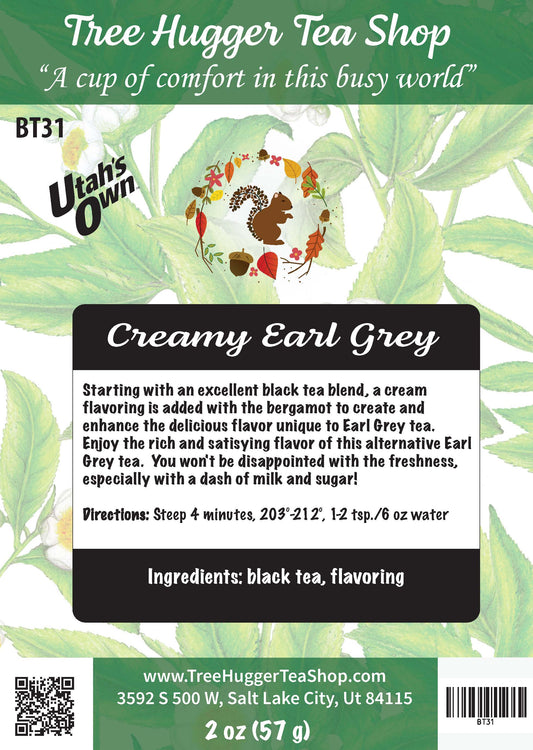 Tea package label for 'Creamy Earl Grey' from Tree Hugger Tea Shop with branding and product details.
