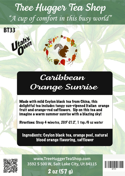 Tea package label for 'Caribbean Orange Sunrise' from Tree Hugger Tea Shop with branding and product details.