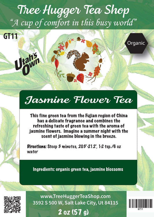 Tea package label for Jasmine Flower Tea from Tree Hugger Tea Shop with branding and product details.