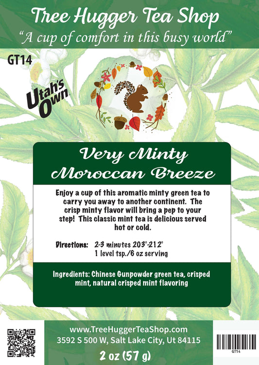 Tea package label for 'Very Minty Moroccan Breeze' from Tree Hugger Tea Shop with green leaves in the background.