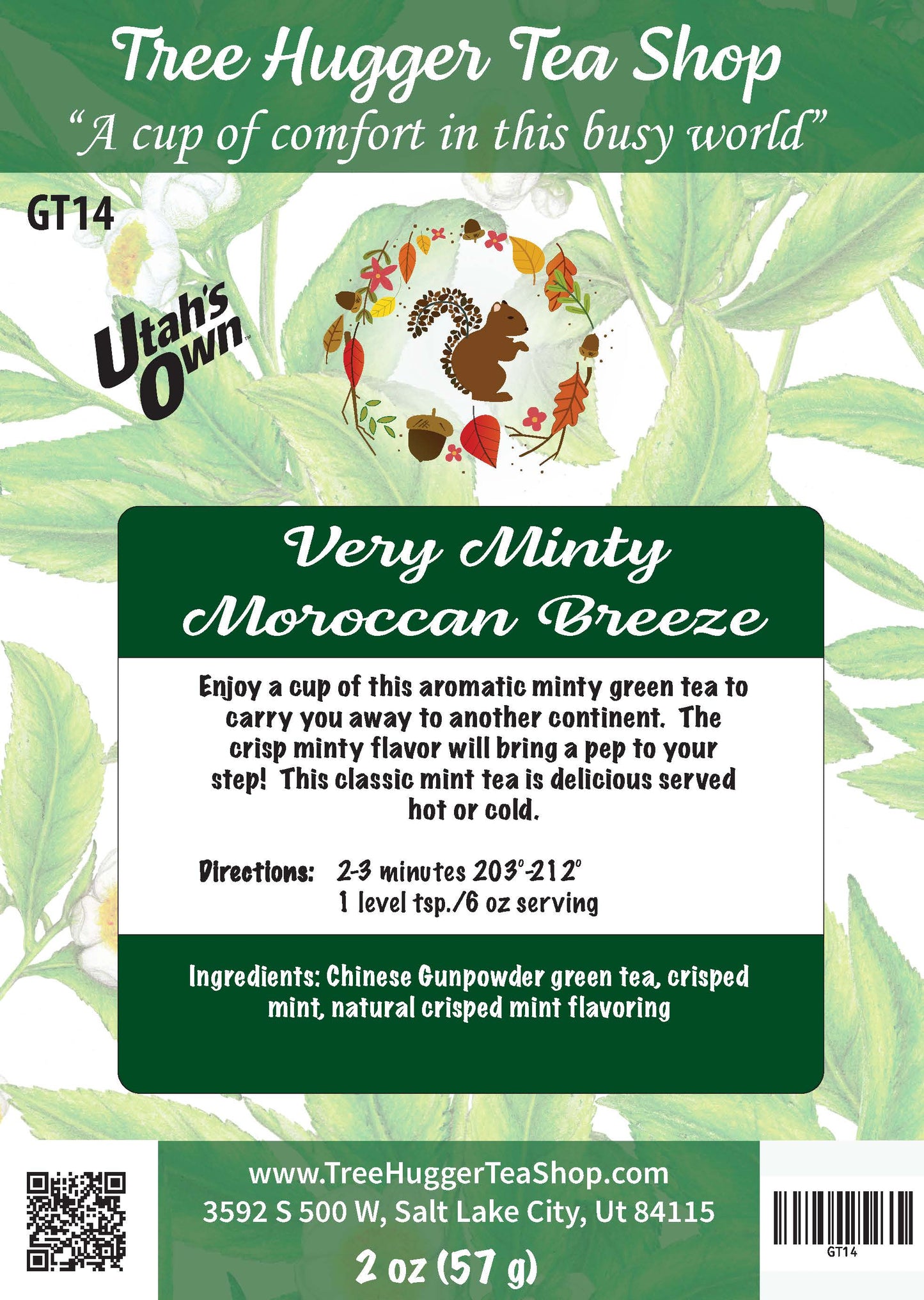 Tea package label for 'Very Minty Moroccan Breeze' from Tree Hugger Tea Shop with green leaves in the background.