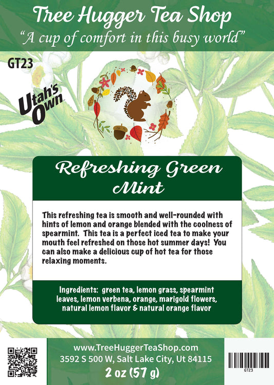 Tea package label for 'Refreshing Green Mint Tree Hugger Tea Shop' with branding and product details.