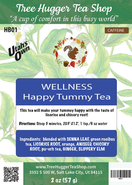 Tea package label for 'Happy Tummy Tea' from Tree Hugger Tea Shop with green leafy background