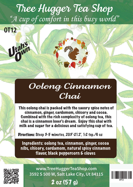 Tea package label for Oolong Cinnamon Chai from Tree Hugger Tea Shop with branding and product details.