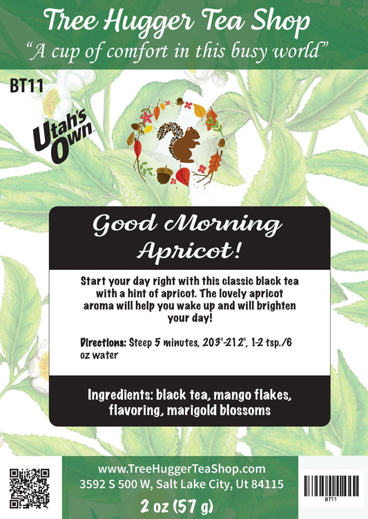 Tea package label for 'Good Morning Apricot!' tea from Utah's Own with tree hugger branding.