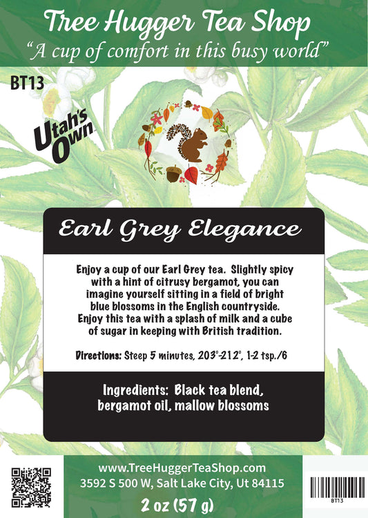 Tea label for 'Earl Grey Elegance' from Utah's Own with green leaves and branding details.