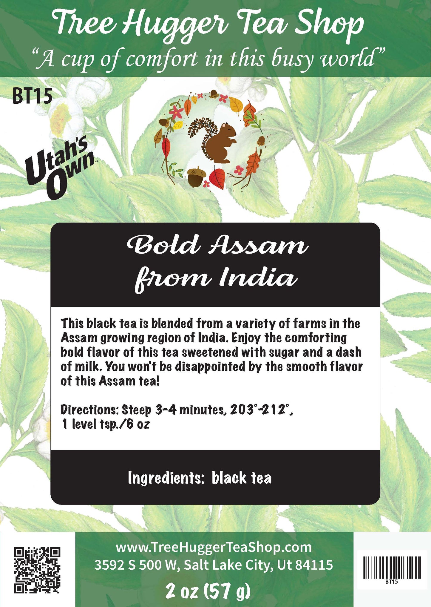 Tea package label for 'Bold Assam from India' by Utah's Own with green leaf background