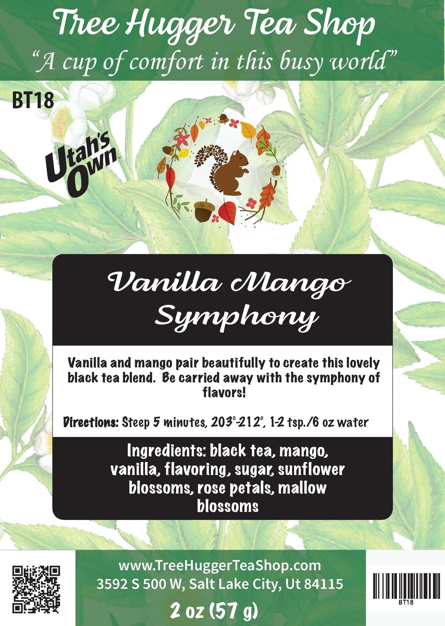 Tea package label for 'Vanilla Mango Symphony' from Utah's Own with green leafy background
