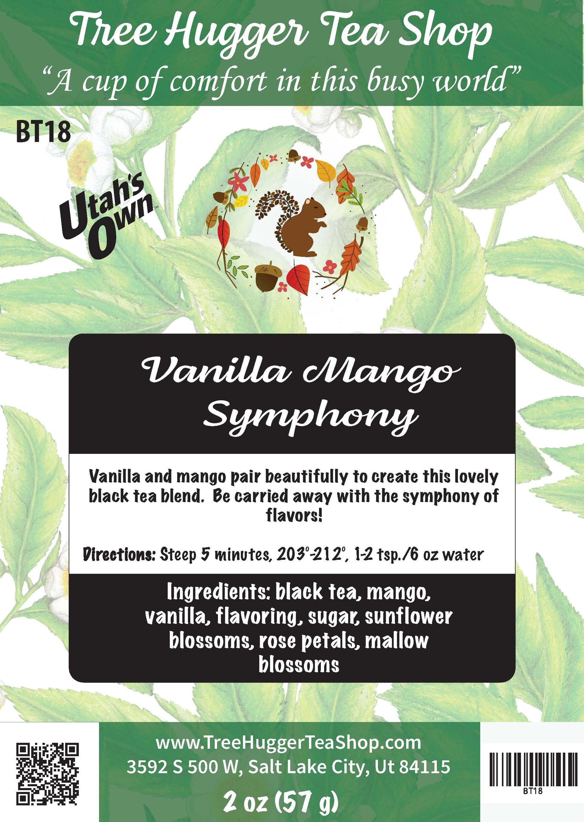 Tea package label for 'Vanilla Mango Symphony' from Utah's Own with green leafy background