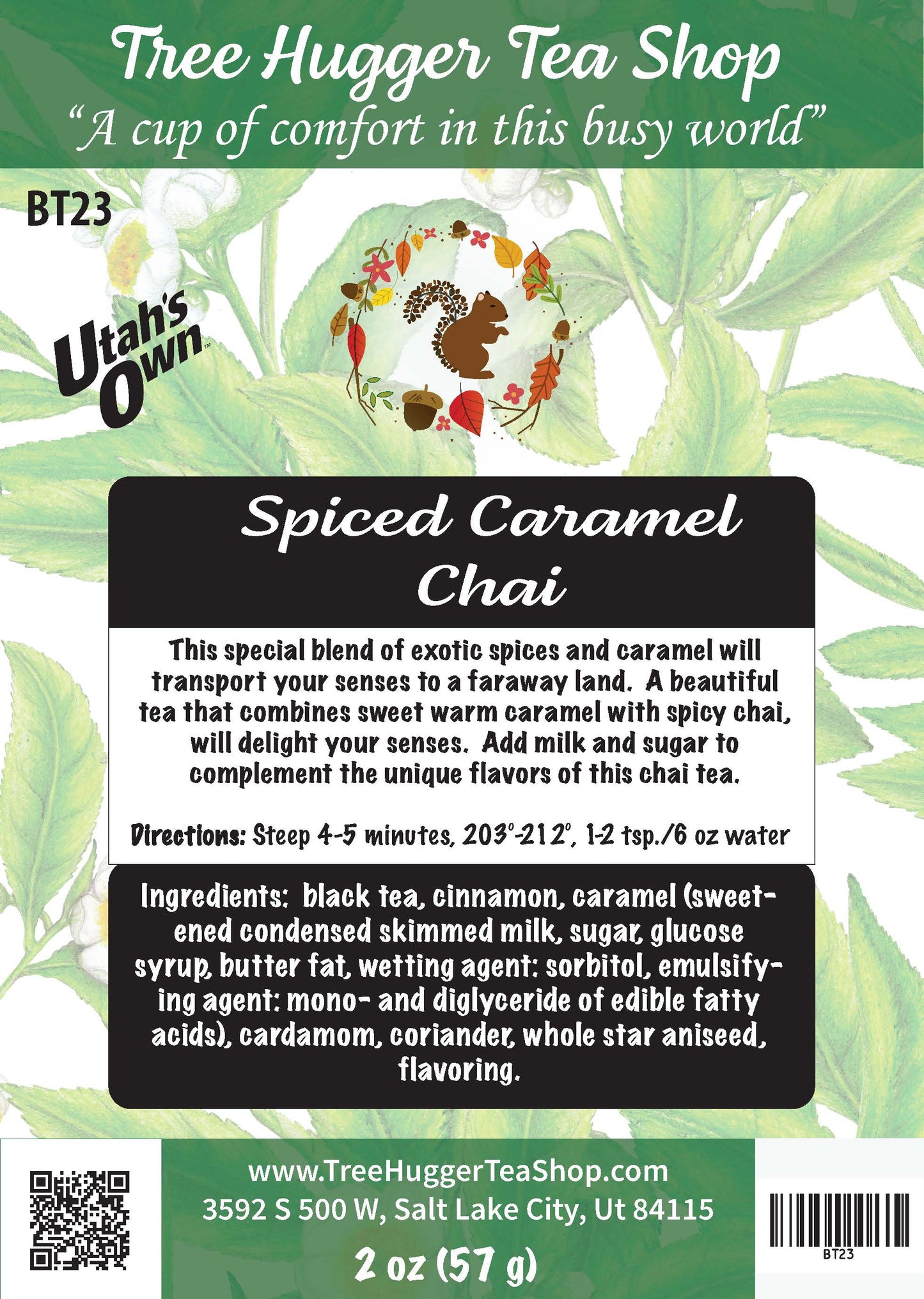 Tea label for Spiced Caramel Chai from Tree Hugger Tea Shop with branding and product details.