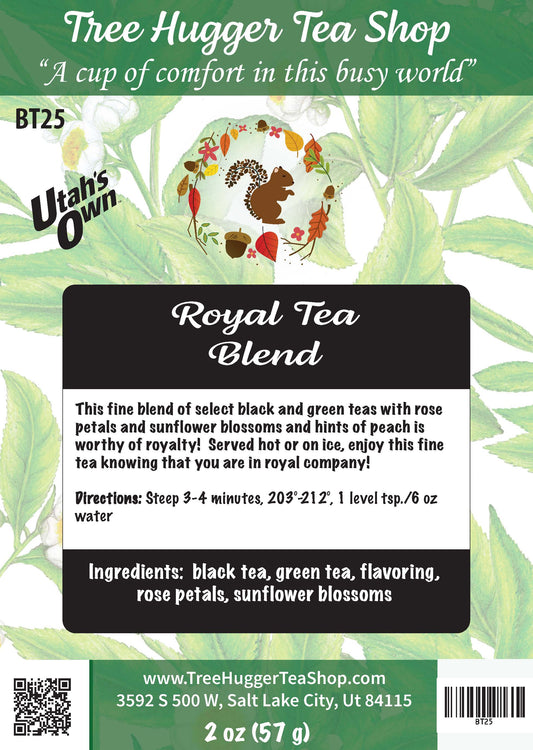Tea label for 'Royal Tea Blend' from Utah's Own with green leaf background
