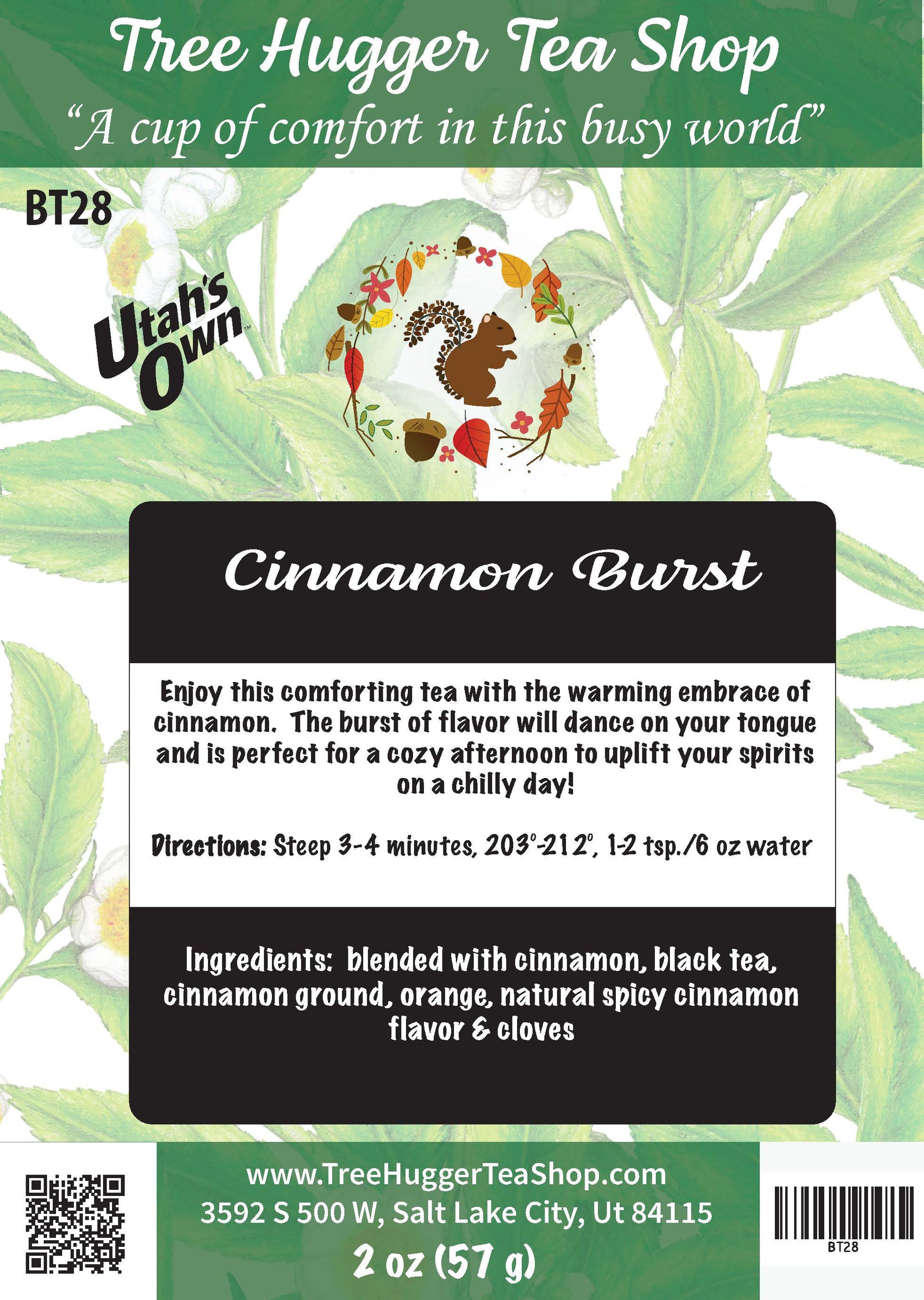 Tea package label for 'Cinnamon Burst' tea from Tree Hugger Tea Shop with branding and product details.