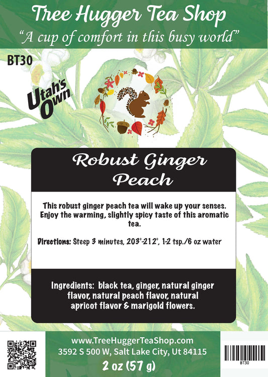 Tea package label for 'Robust Ginger Peach' tea from Tree Hugger Tea Shop with branding and product details.