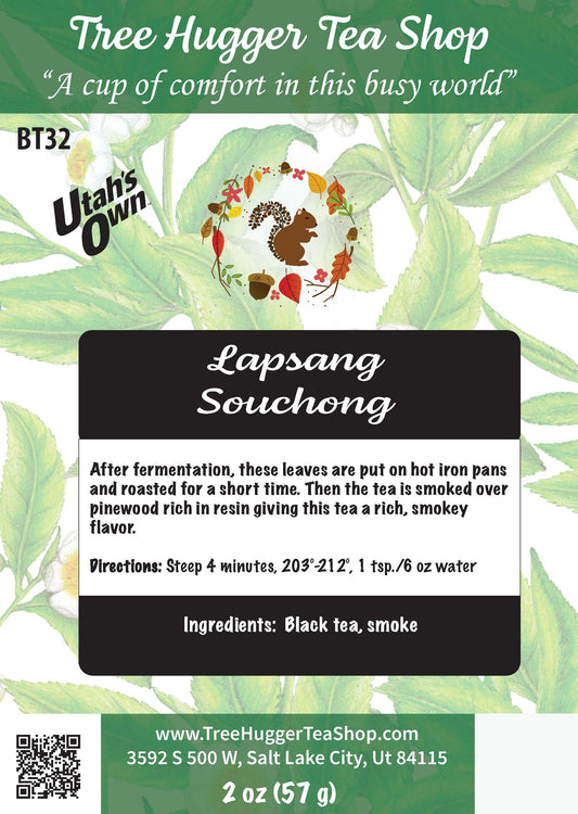 Tea package label for Lapsang Souchong tea with Tree Hugger Tea Shop branding.