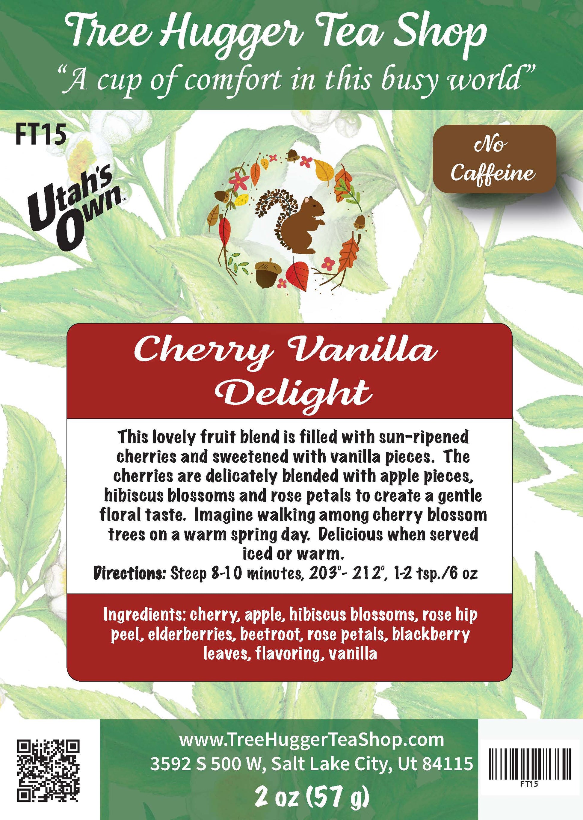 Tea package label for 'Cherry Vanilla Delight' tea from Utah's Own with branding and product details.