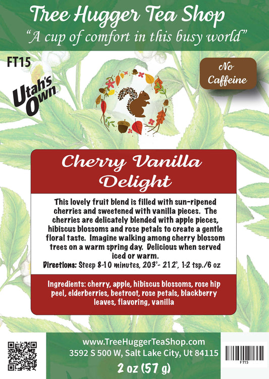 Tea package label for 'Cherry Vanilla Delight' tea from Utah's Own with branding and product details.