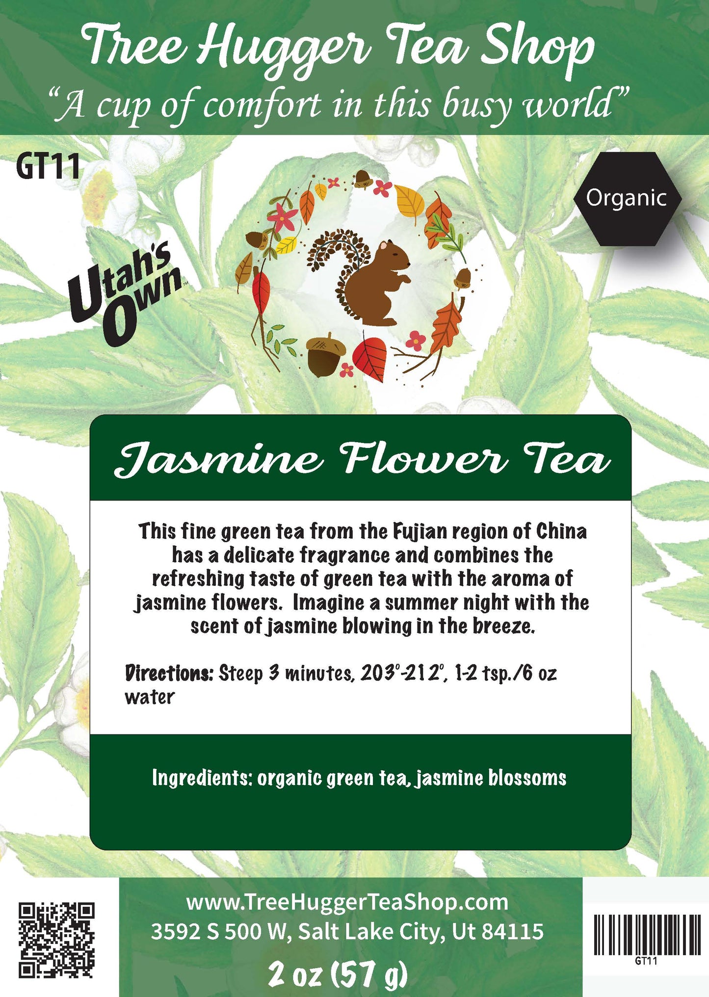 Tea package label for Jasmine Flower Tea from Tree Hugger Tea Shop with branding and product details.