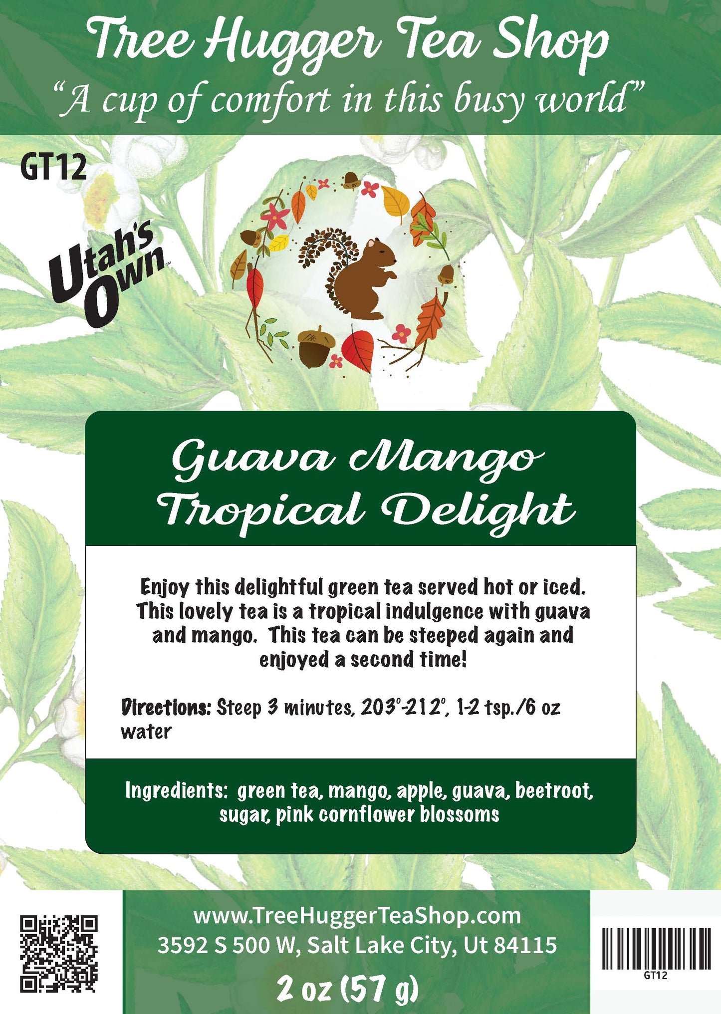 Tea package label for 'Guava Mango Tropical Delight' from Tree Hugger Tea Shop with green tea packaging design.