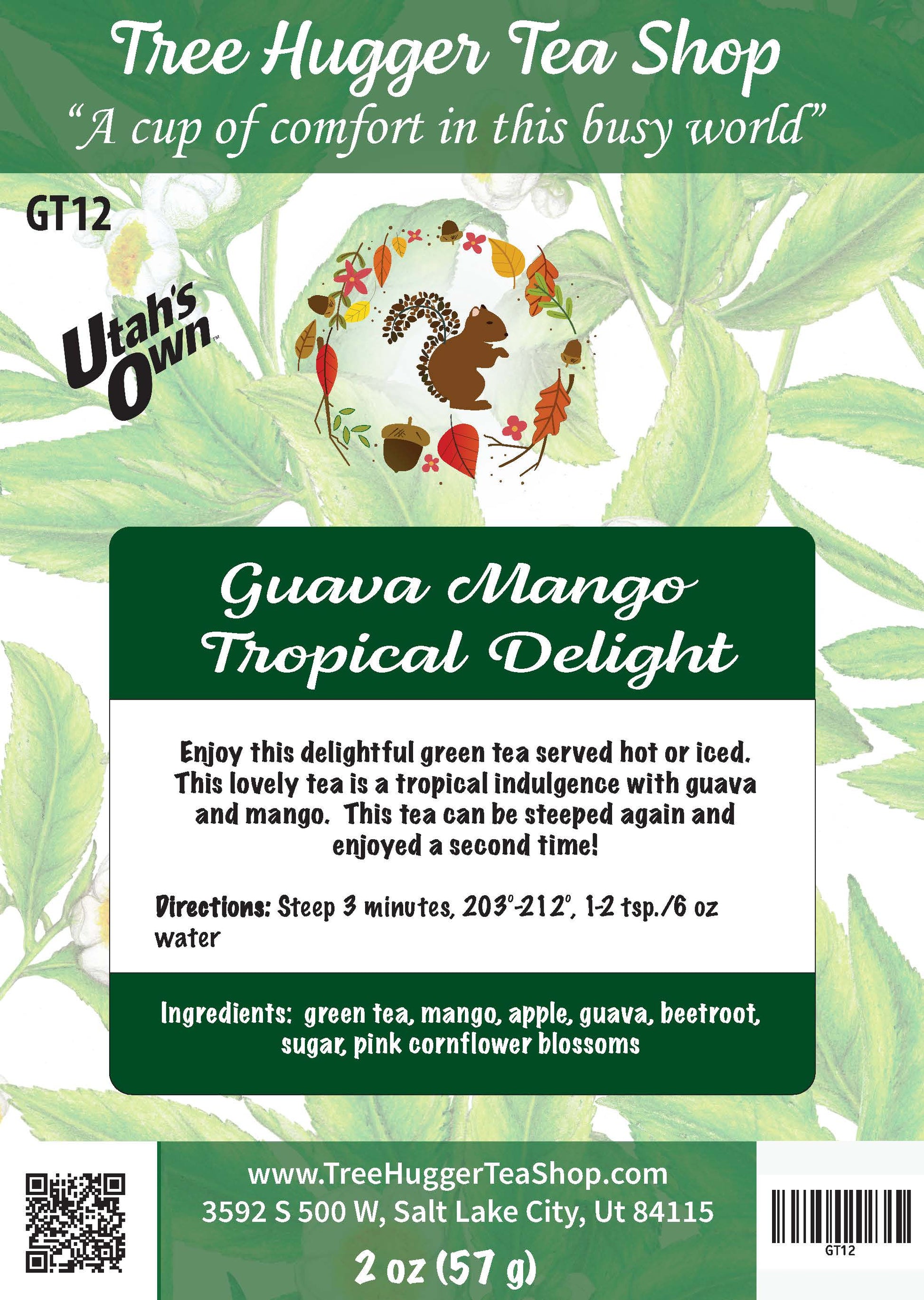 Tea package label for 'Guava Mango Tropical Delight' from Tree Hugger Tea Shop with green tea packaging design.