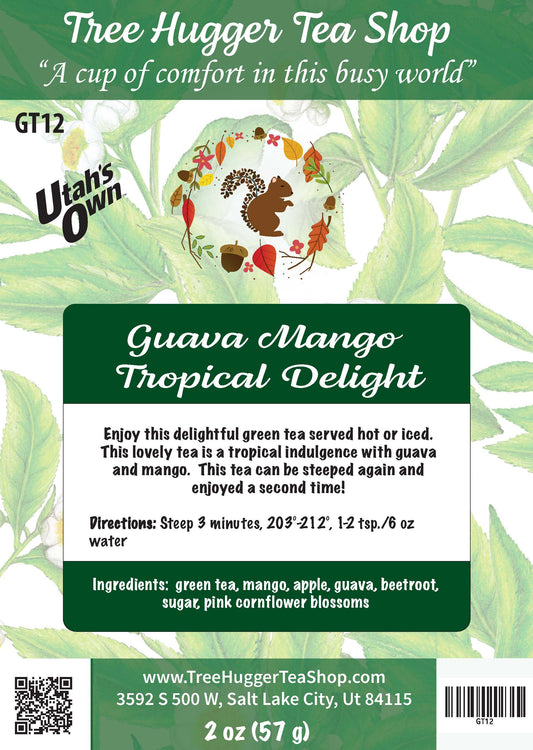 Tea package label for 'Guava Mango Tropical Delight' from Tree Hugger Tea Shop with green tea packaging design.
