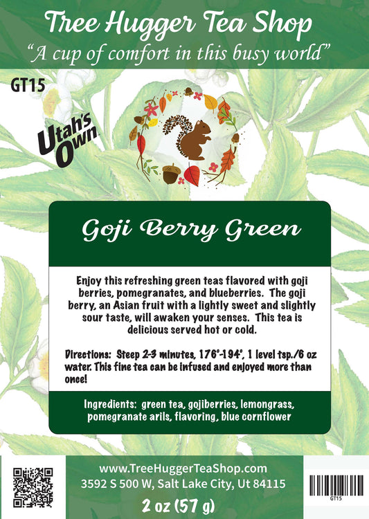 Goji Berry Green tea label with branding and product details on a green background