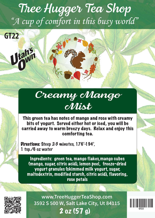 Tree Hugger Tea Shop label for 'Creamy Mango Mist' green tea with leaf design and text.