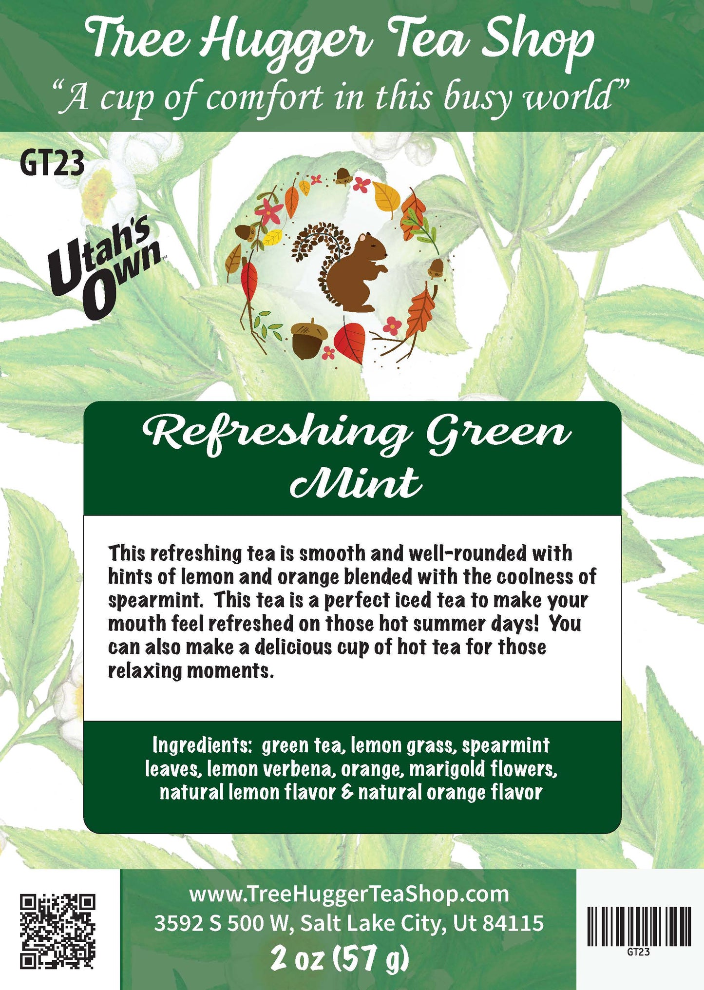 Tea package label for 'Refreshing Green Mint Tree Hugger Tea Shop' with branding and product details.
