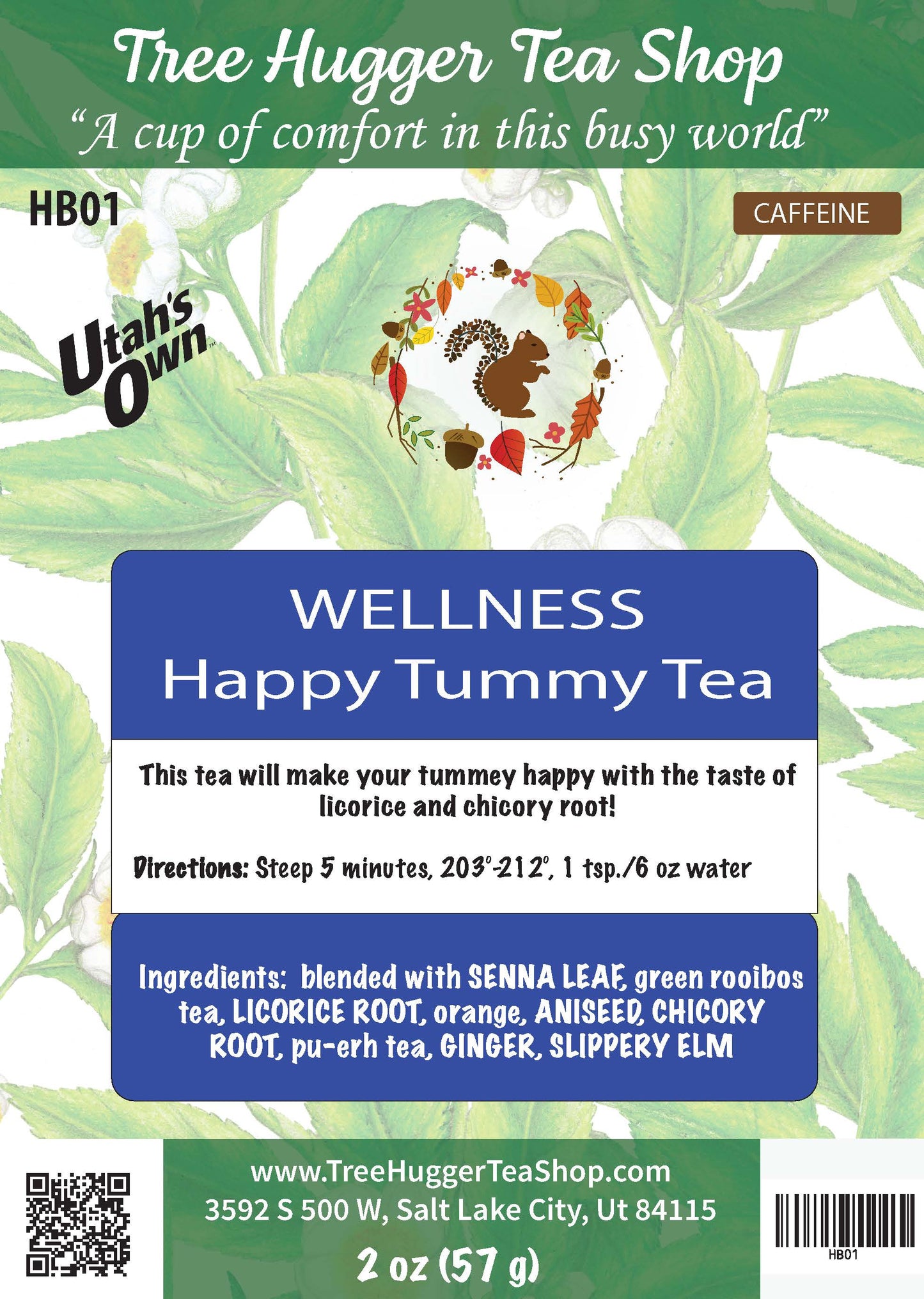 Tea package label for 'Happy Tummy Tea' from Tree Hugger Tea Shop with green leafy background