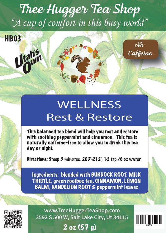 Tea package label for 'Wellness Rest & Restore' tea from Tree Hugger Tea Shop with leaf design and branding.