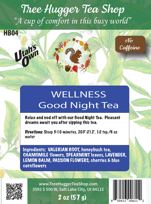 Tea label for 'Good Night Tea' from Tree Hugger Tea Shop with tea leaves and branding elements.
