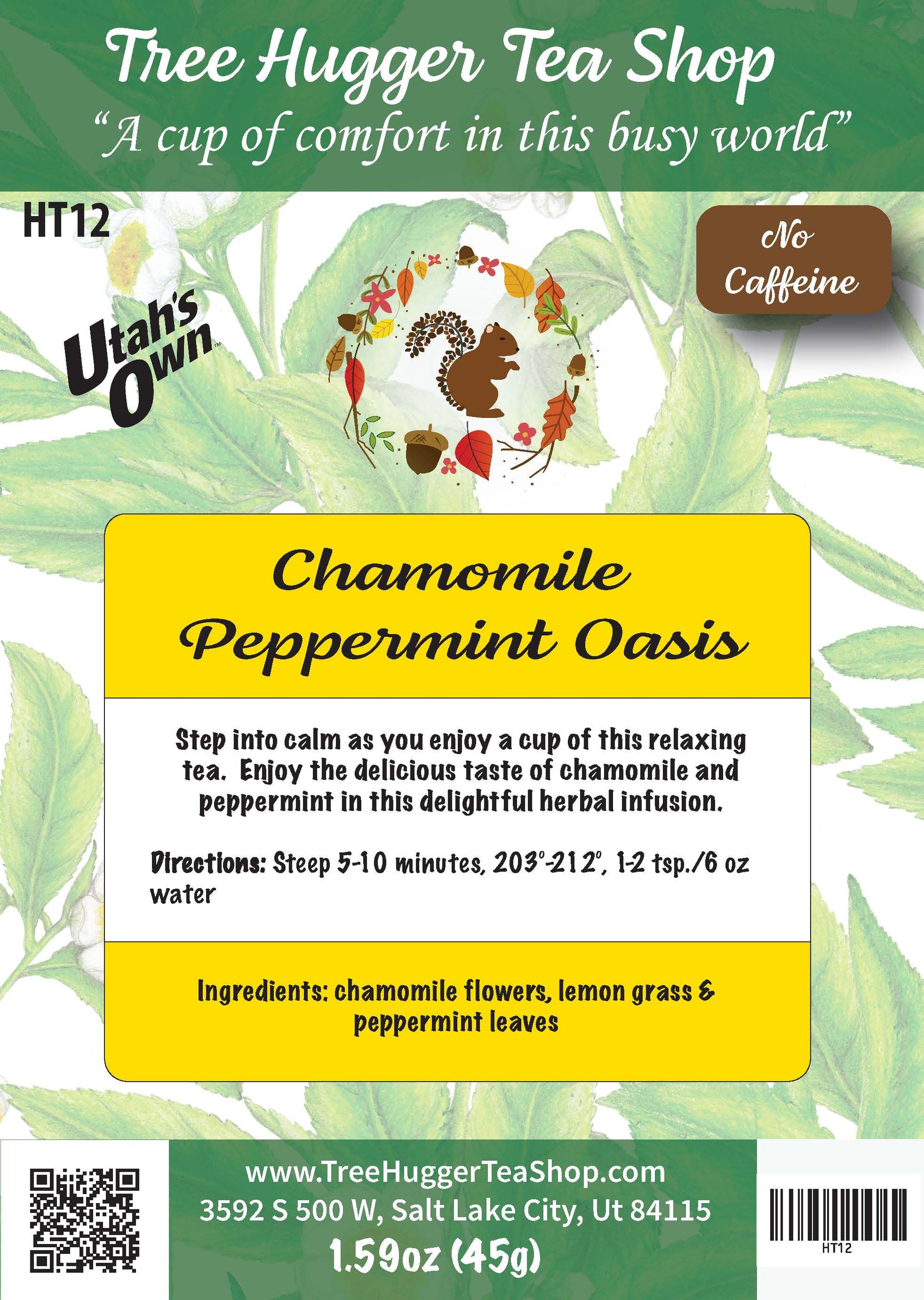 Tea package label for 'Chamomile Peppermint Oasis' from Tree Hugger Tea Shop with green leaves in the background.