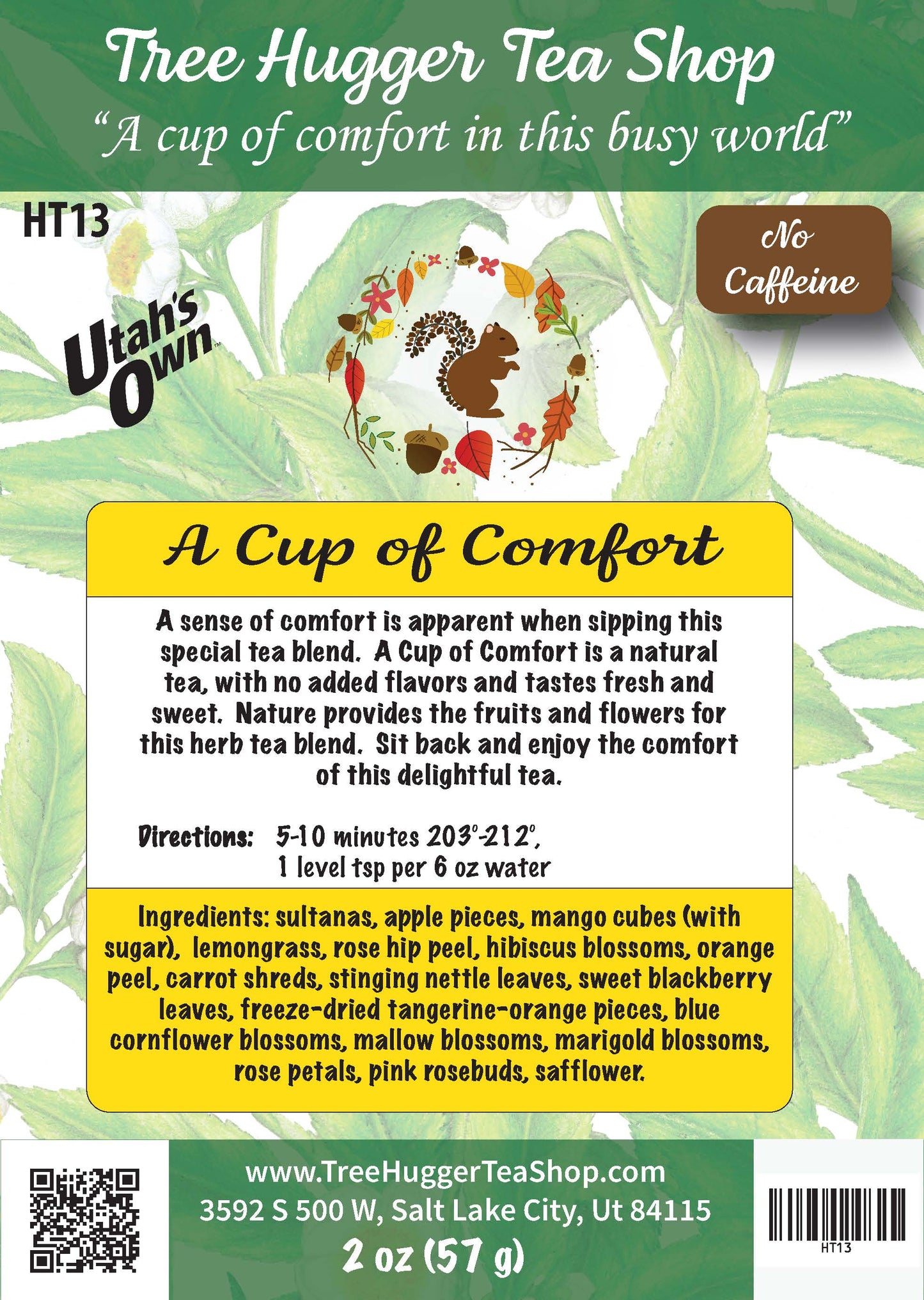 Tea package label for 'A Cup of Comfort' from Tree Hugger Tea Shop with text and branding details.