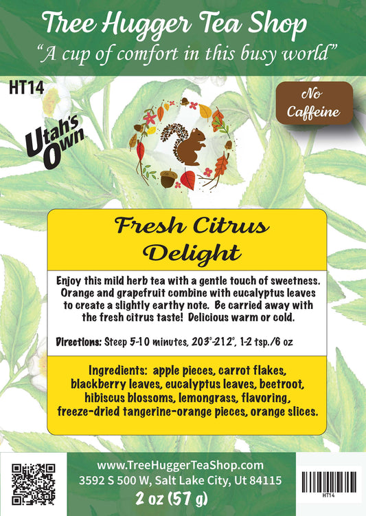 Tea label for 'Fresh Citrus Delight' from Tree Hugger Tea Shop with product details and branding.