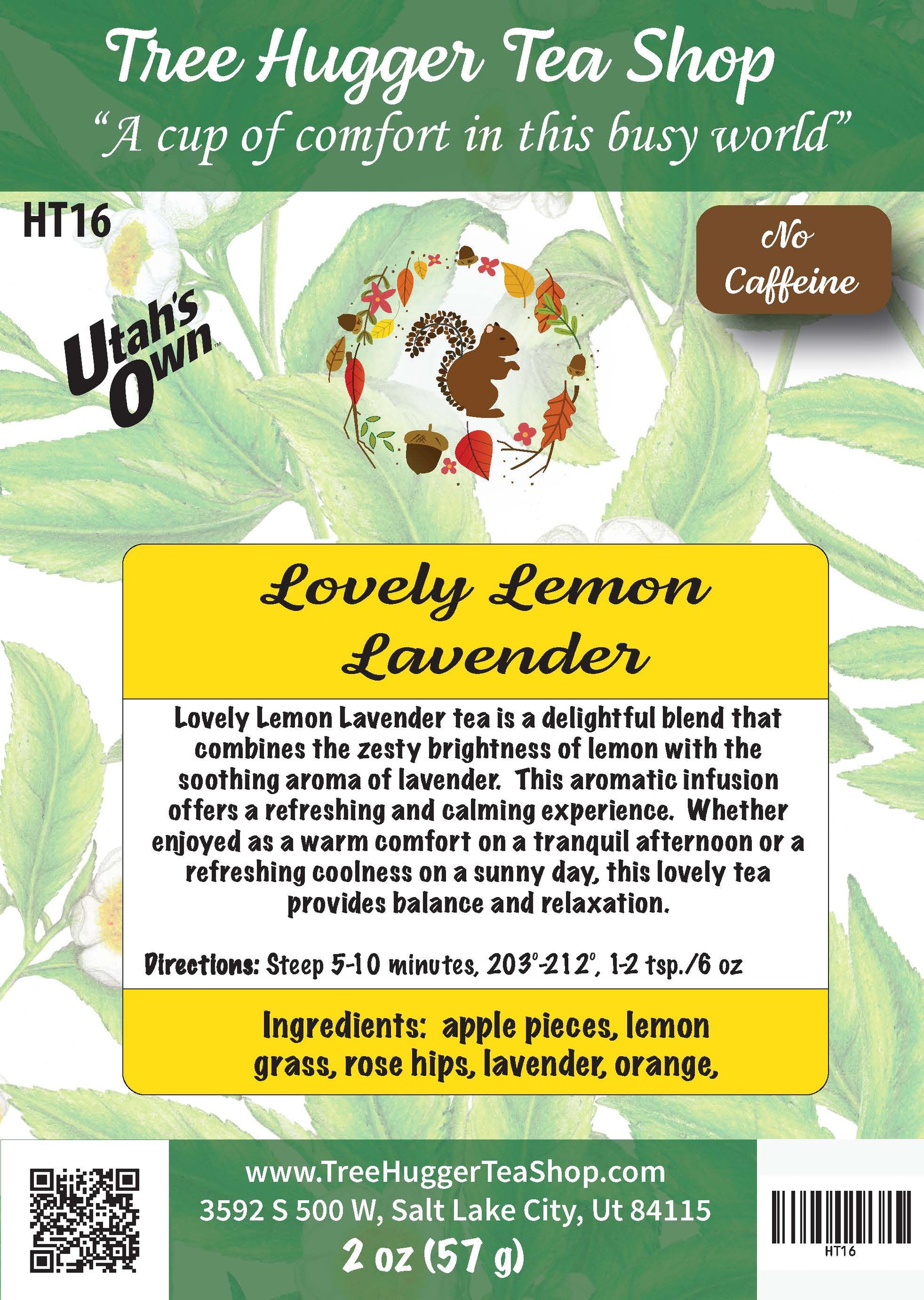 Tea package label for 'Lovely Lemon Lavender' tea from Tree Hugger Tea Shop with branding and product details.