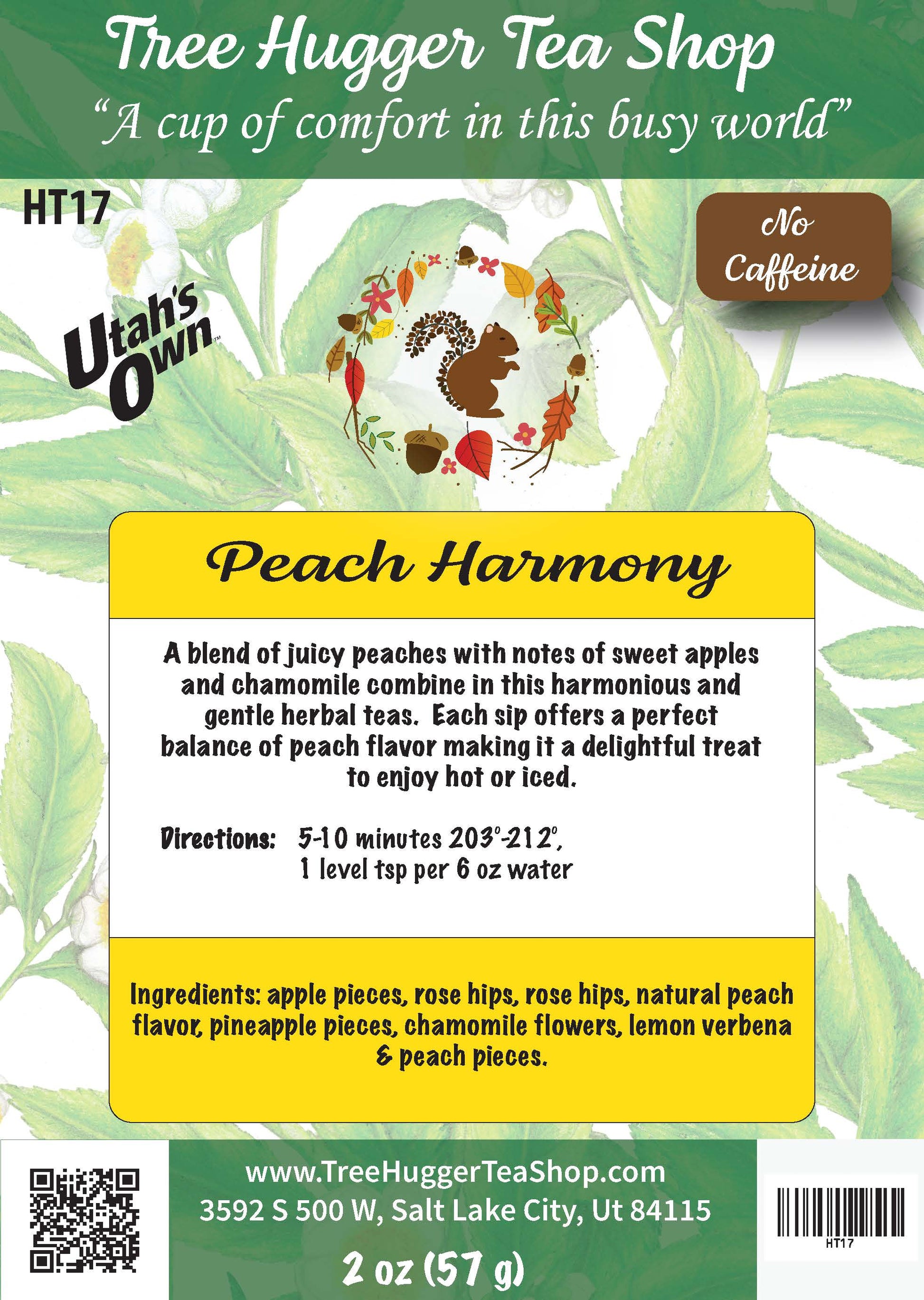 Tea package label for 'Peach Harmony' from Tree Hugger Tea Shop with branding and product details.