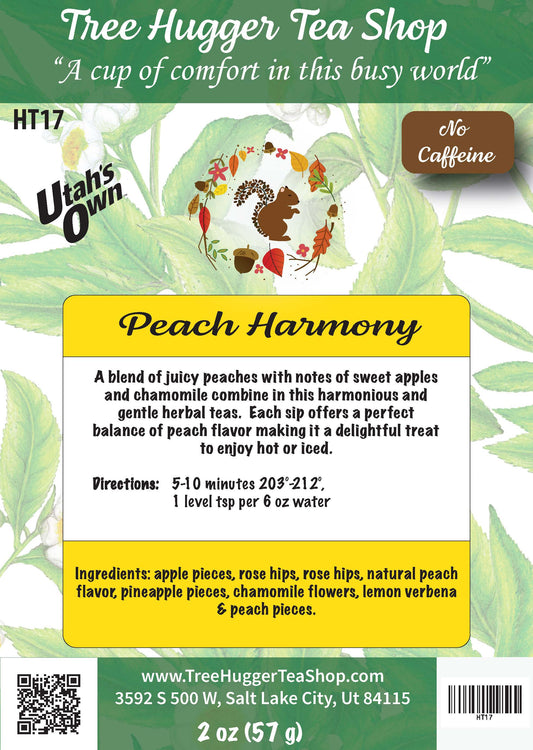 Tea package label for 'Peach Harmony' from Tree Hugger Tea Shop with branding and product details.