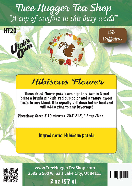Hibiscus flower tea package with branding and product details.