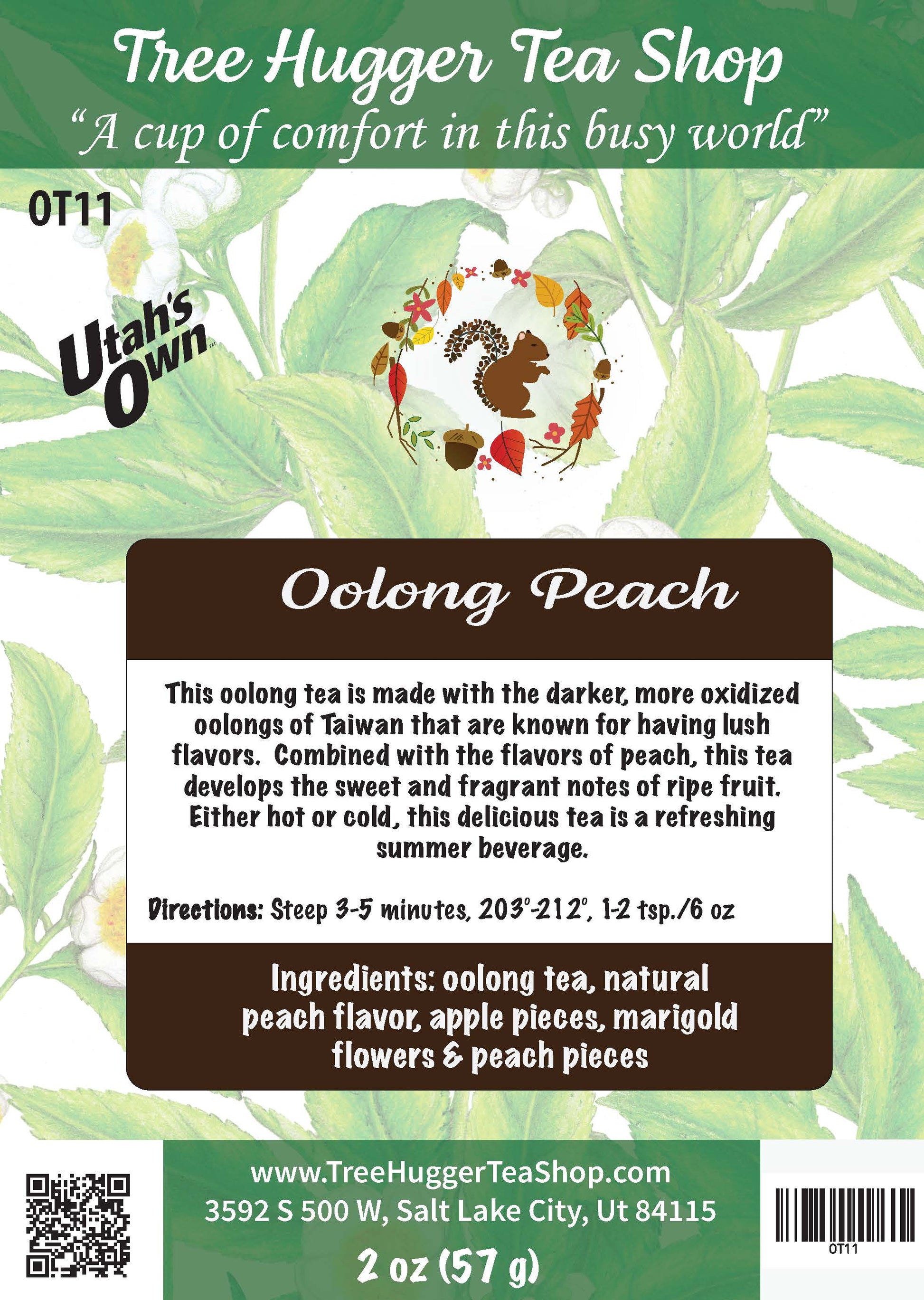 Tea package label for Oolong Peach tea from Tree Hugger Tea Shop with green leaves in the background.
