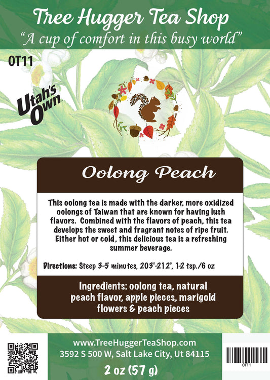 Tea package label for Oolong Peach tea from Tree Hugger Tea Shop with green leaves in the background.