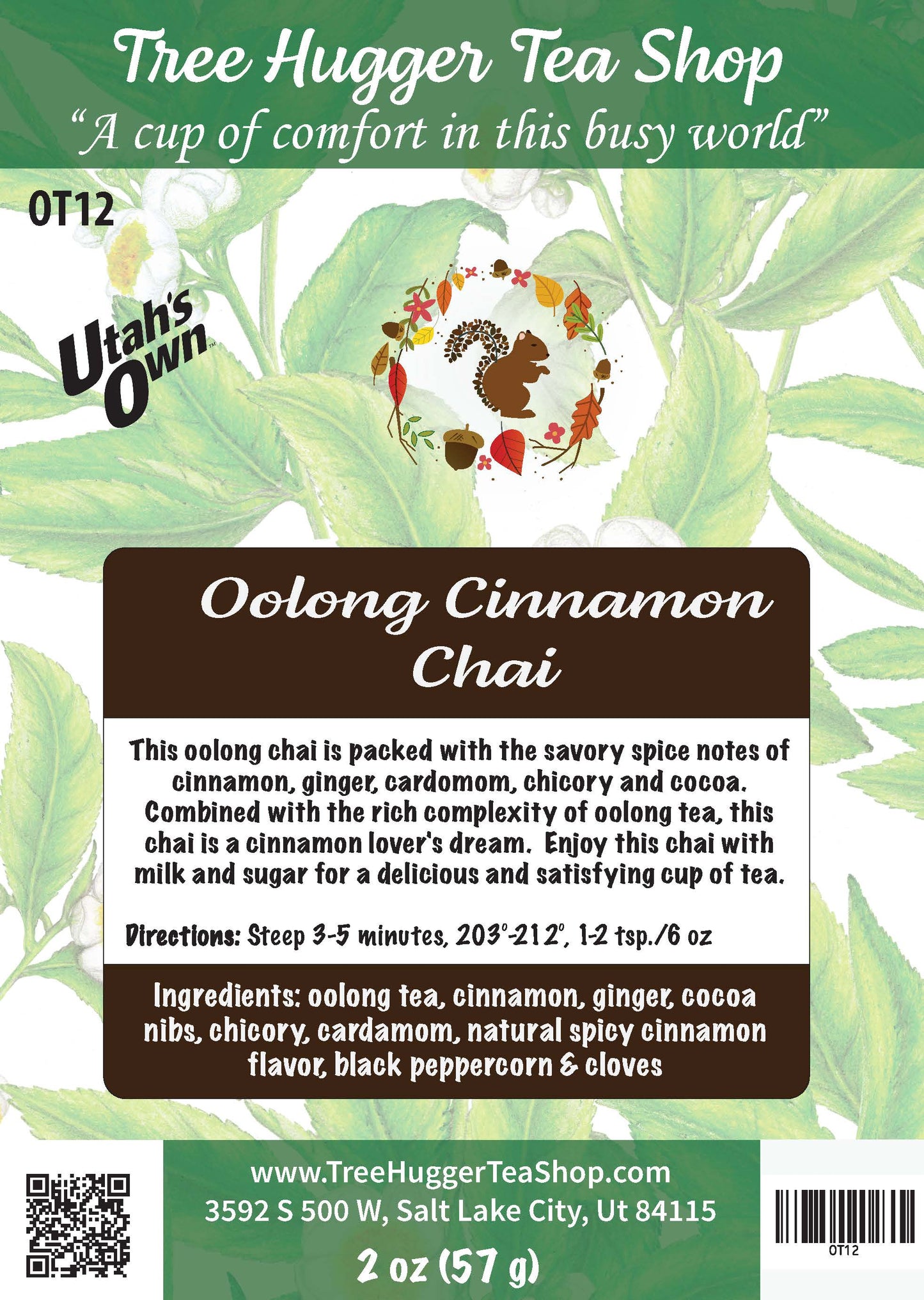 Tea package label for Oolong Cinnamon Chai from Tree Hugger Tea Shop with branding and product details.