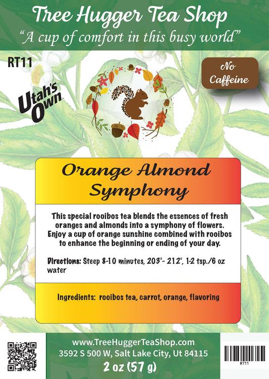 Tea package label for 'Orange Almond Symphony' tea from Tree Hugger Tea Shop with branding and product details.
